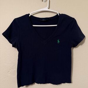 Ralph Lauren Navy V-Neck Cropped Polo Tee with Green Logo